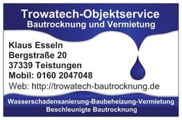 Visitenkarte: Trowatech-Objektservice, Bautrocknung, Kontakt: Klaus Esseln, Teistungen.
