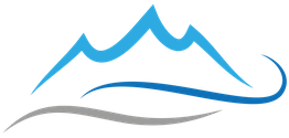 Blaues skizziertes Bergsymbol mit geschwungenen Linien darunter.
