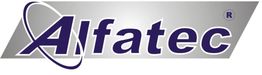 Logo da Alfatec com fundo prateado e texto azul escuro estilizado.