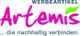 "Logo von Artemis Werbeartikel in pink mit grünem Blatt; Slogan: ... die nachhaltig verbinden."