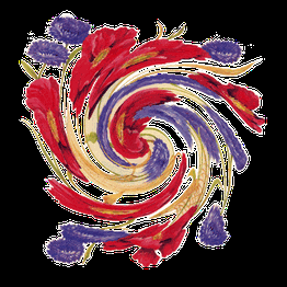 Blumendekor mit roten und blauen Blüten in einer spiralförmigen Anordnung.