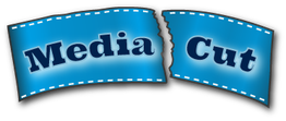 Zerrissenes blaues Band mit der Aufschrift „Media Cut“ in weißem Text.