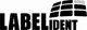 Schwarz-weißes Logo von "Label Ident" mit stilisiertem Etikett-Design auf der rechten Seite.