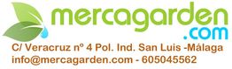 Logo de Mercagarden con hoja y gota, dirección en Málaga, email y teléfono de contacto.
