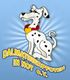 Zeichnung eines Dalmatiners mit rotem Halsband, Text: "Dalmatinerpfoten in Not e.V." auf blauem Hintergrund.