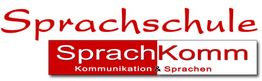 Rotes und weißes Logo mit Text: "Sprachschule SprachKomm - Kommunikation & Sprachen."
