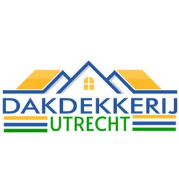 Logo van Dakdekkerij Utrecht met stylized huisdak en tekst in blauw en groen.