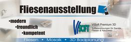 Fliesenausstellung mit modernem Design, ViSoft Logo und 3D Badplanungssoftware.