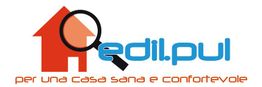 Logo con casa arancione, lente d'ingrandimento e testo "edil.pul, per una casa sana e confortevole".