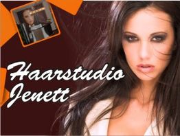 Junge Frau mit langen dunklen Haaren, Schminke; Text: "Haarstudio Jenett" in Kursivschrift.