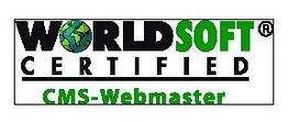 Bild mit Text: "Worldsoft Certified CMS-Webmaster" in Grün und Schwarz.