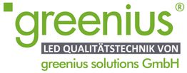 Logo der Firma Greenius Solutions GmbH mit Schriftzug "LED Qualitätstechnik von Greenius".
