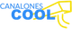 Logotipo con texto "Canalones Cool" en azul y amarillo, junto a un gráfico de un canalón.