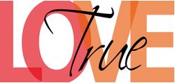 Text "LOVE" in Rot und Orange, mit dem Wort "True" in Schwarz darüber.