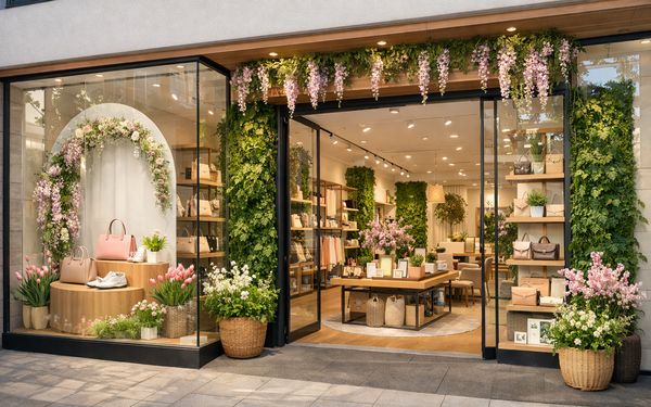 Ein modern gestaltetes Schaufenster eines Geschäfts in frühlinghaften Design.