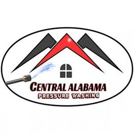 Logo of Central Alabama Pressure Washing with a red roof and water spray design.
