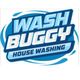 Text logo: "Wash Buggy House Washing" in blue and white with splash design.