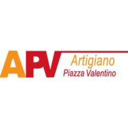 Logo di "APV Artigiano Piazza Valentino" con testo rosso e arancione su sfondo bianco.