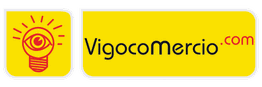 Logotipo de Vigocomercio.com con un ojo dentro de una bombilla sobre fondo amarillo.