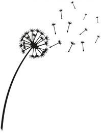 Schwarz-weiße Pusteblume mit Samen, die vom Wind weggetragen werden.