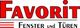 Logo mit roter Aufschrift "Favorit Fenster und Türen" und roten Linien links.