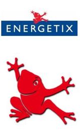Logo mit rotem Frosch und Schriftzug "Energetix" auf blauem Hintergrund.