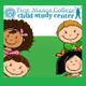 Illustrated children smiling with text: "Pine Manor College Child Study Center."