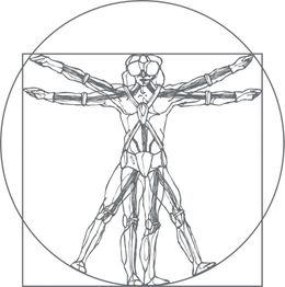 Abstrakte Zeichnung eines menschlichen Körpers mit mehreren Armen und Beinen in Kreis und Quadrat.