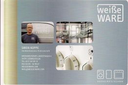 Geschäftskarte von weiße WARE mit Kontaktinformationen und Bildern von Geräten und Inhaber.