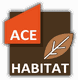 Logo avec texte "ACE HABITAT" et une feuille sur fond marron et orange.