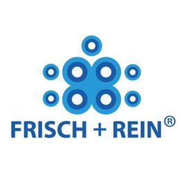 Logo von "FRISCH + REIN", blaue Kreise und Text auf weißem Hintergrund.