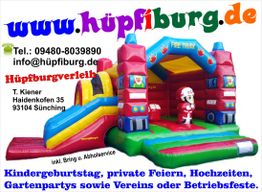 Bunte Hüpfburg im Feuerwehrauto-Design mit Rutsche; Information zu Kontakt und Verleih.