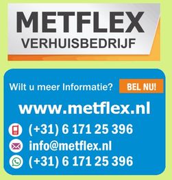 Metflex verhuisbedrijf contactinformatie: website, telefoonnummer, e-mail, en belknop op blauwe achtergrond.