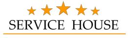 "Logo mit fünf orangefarbenen Sternen über dem Text 'Service House' in schwarzer Schrift."