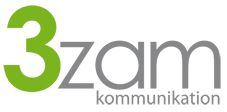 Logo mit dem Text "3zam kommunikation" in Grau und Grün.