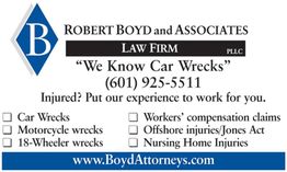 Law firm ad for injury claims: car, motorcycle, 18-wheeler wrecks, and more. Contact info included.
