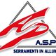 Logo con lettere rosse "ASP" e scritta blu "SERRAMENTI IN ALLUMINIO" su sfondo bianco.