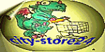 Grüner Drache mit Einkaufswagen und Schriftzug "city-store24" auf gelbem Hintergrund.