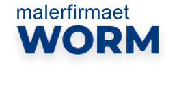 Logo for malerfirmaet Worm, med tekst i blå på en hvid baggrund.