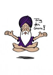 Ein cartoonhafter Guru im Schneidersitz mit der Aufschrift: "Frag den Guru!"