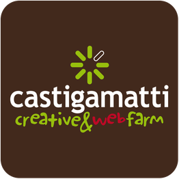 Logo di Castigamatti con testo "creative & web farm" su sfondo marrone.