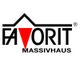 Logo von Favorit Massivhaus mit rotem Dreieck und stilisiertem Dach über dem Text.