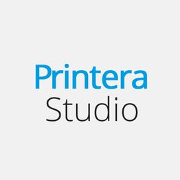 Textlogo „Printera Studio“ mit blauem „Printera“ und schwarzem „Studio“ auf grauem Hintergrund.