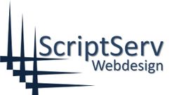 ScriptServ-Logo mit blauem Text "Webdesign" und grafischen Linien links.