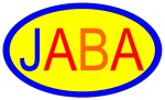 Blau umrandetes gelbes Oval mit dem Text "JABA" in bunten Buchstaben innen.