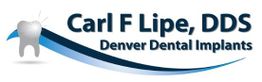 Logo for Carl F Lipe, DDS Denver Dental Implants, featuring a shining tooth and blue swoosh.