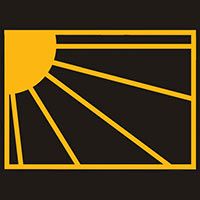 Gelbes Sonnensymbol, halb im Quadrat, mit sechs Strahlen auf schwarzem Hintergrund.