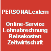 Weiße Schrift auf rotem Hintergrund: Dienstleistungen für Lohnabrechnung und Reisekosten.