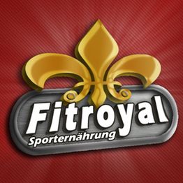 Logo von Fitroyal Sporternährung mit goldener Lilie auf rotem Hintergrund.