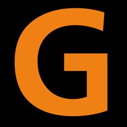 Letra "G" grande en color naranja sobre fondo negro.